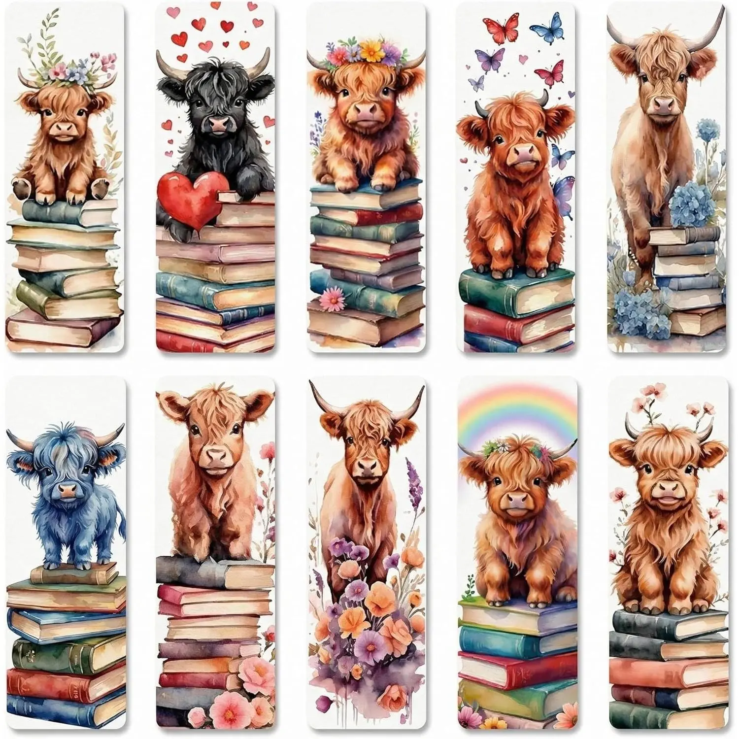 10 Pack Highland Cow Bookmarks, 6'' x 2'' Cute Double-Sided Page Markers  for Book Lovers Women Men Readers Scottish  Coo Stuff Matte Laminated with Rounded Corners Book Accessories