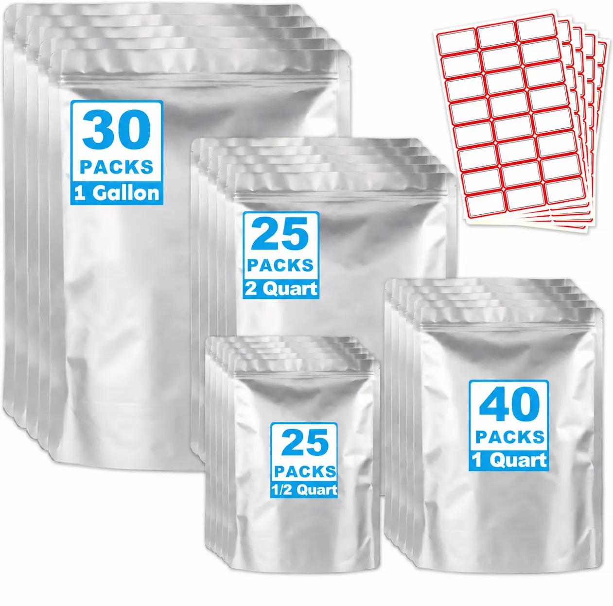Mylar Food Storage Bags Set - 120-Count Tear-Proof Stand-Up Resealable Airtight Containers with 30x1 Gal, 25x1/2 Gal, 40x1 Qt, 25x1/2 Pt Sizes for Kitchen Home Organization