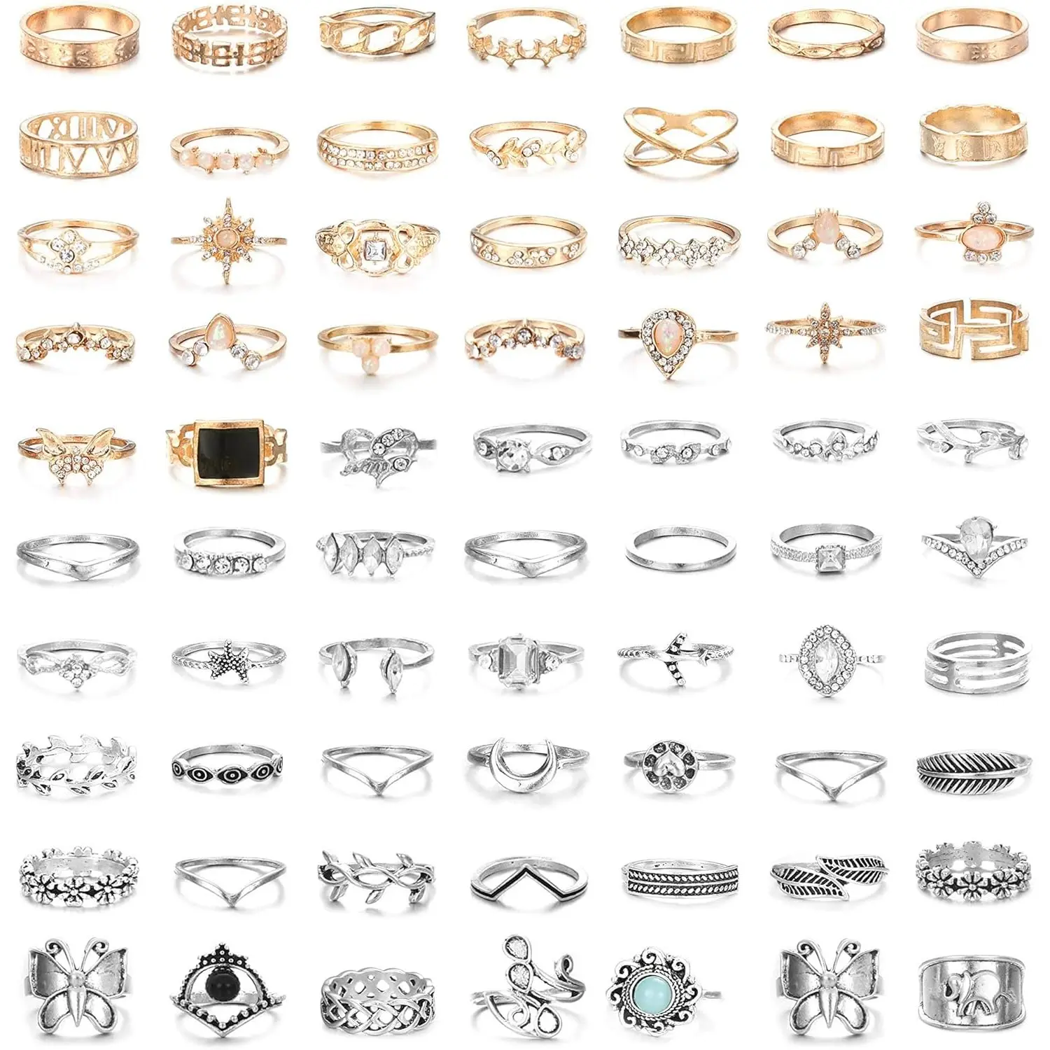 FUNRUN 70Pcs Bohemian Stackable Knuckle Ring Set Vintage Gold & Silver Midi Finger Rings | Butterfly, Moon & Star Designs | Aesthetic Jewelry Gift for Women
