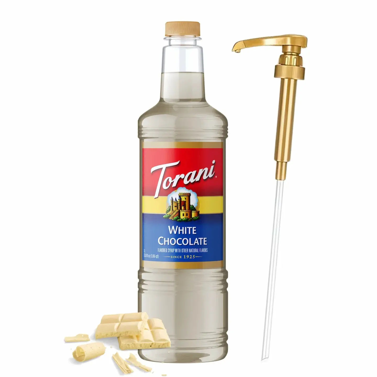 Torani White Chocolate Syrup - 1L Bottle with Pump, Premium Coffee & Beverage Flavoring with Natural Ingredients, Cafe-Style Sweetener for Home Baristas, Lattes, Baking