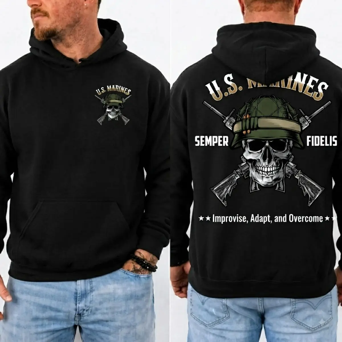 Us Marines Skull Rifle T-Shirt Sweatshirt Hoodie Semper Fideliis Improvise Adapt Veteran Graphic Tee, Unisex Sweater Pullover Tee