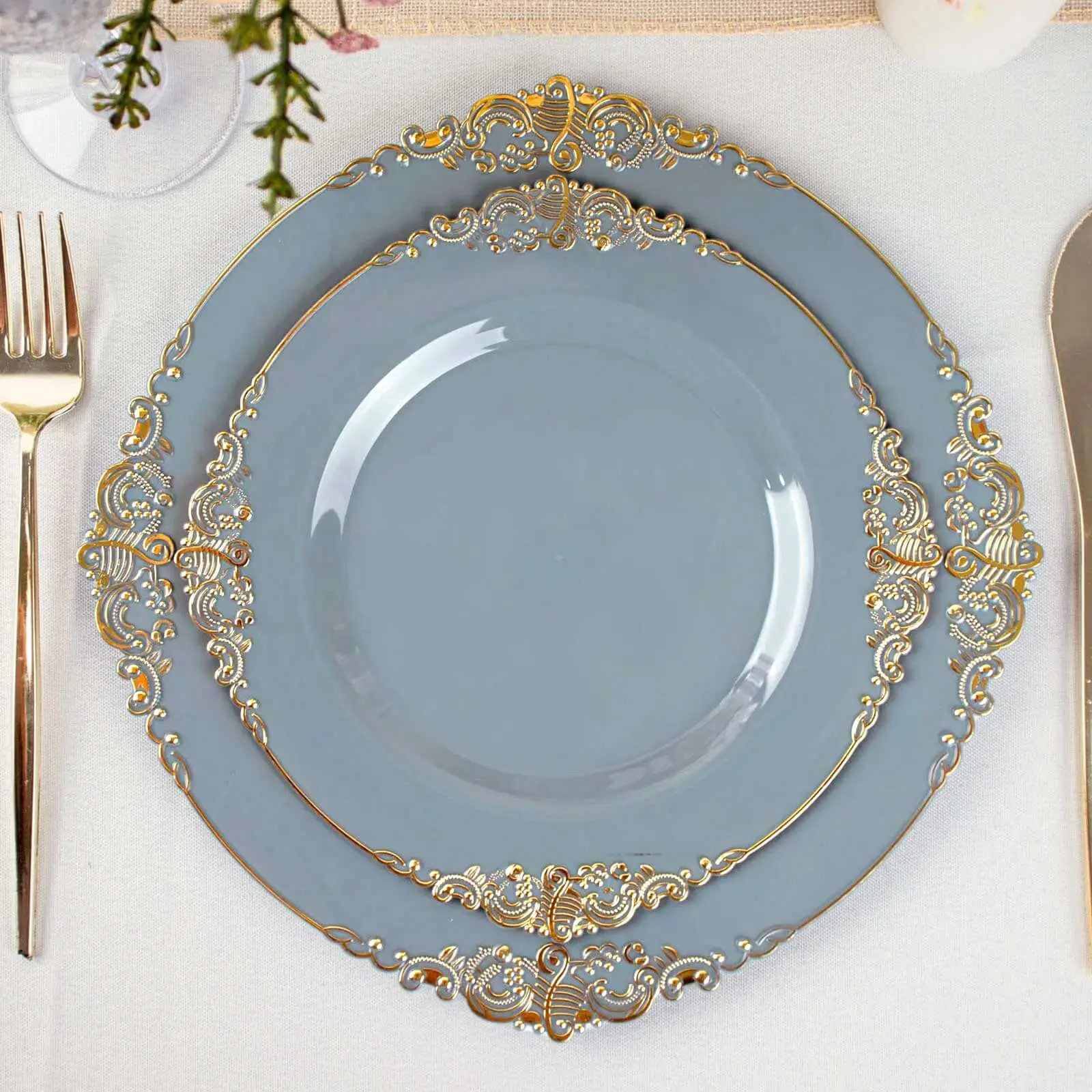 Elegant Plastic Plates - 10-Pack 8" Round Disposable Vintage Floral Plates with Gold Leaf Embossed Rim, Individual Pack, Festive Party Tableware for Weddings & Buffets