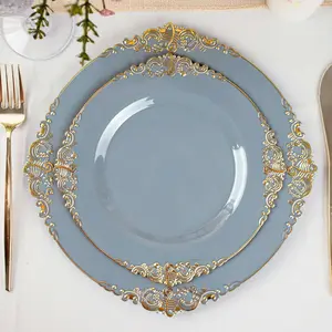 10-Pack 8" Plastic Round Disposable Dessert Plates, Dusty Blue with Gold Leaf Embossed Rim, Vintage Baroque Style Home & Festive Party Disposable Tableware