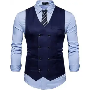 Mens Vest Double Breasted V-Neck Slim Fit Formal Dress Vest Business Waistcoat