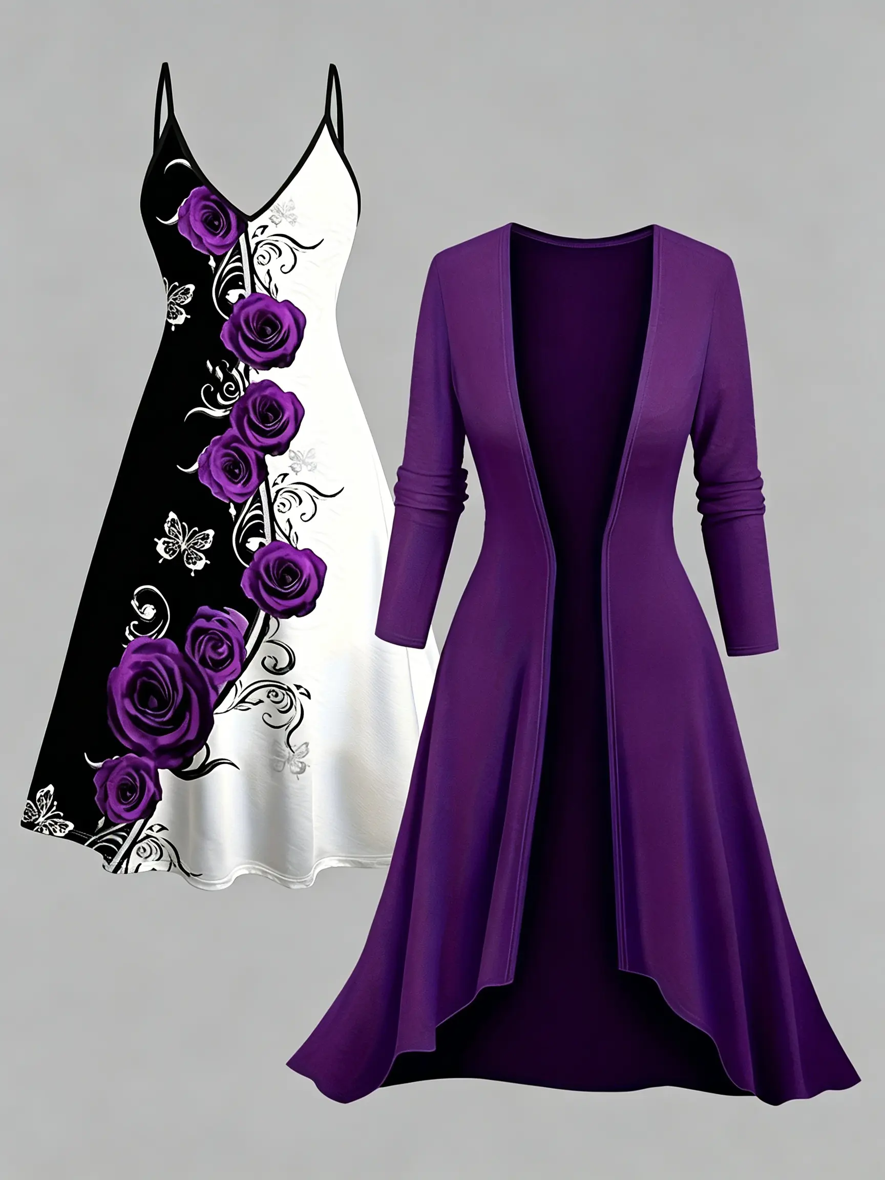 Women’s two-piece set, retro casual style: purple rose color-block camisole dress + solid-color flared cardigan outerwear set