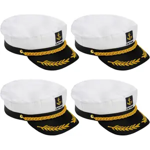 4-Pack White Yacht Captain Costume Hats, Adjustable Sailor Hats, Navy Blue, One Size for Adults, Birthday Party Hats, Party Costume Accessories, Size Inches