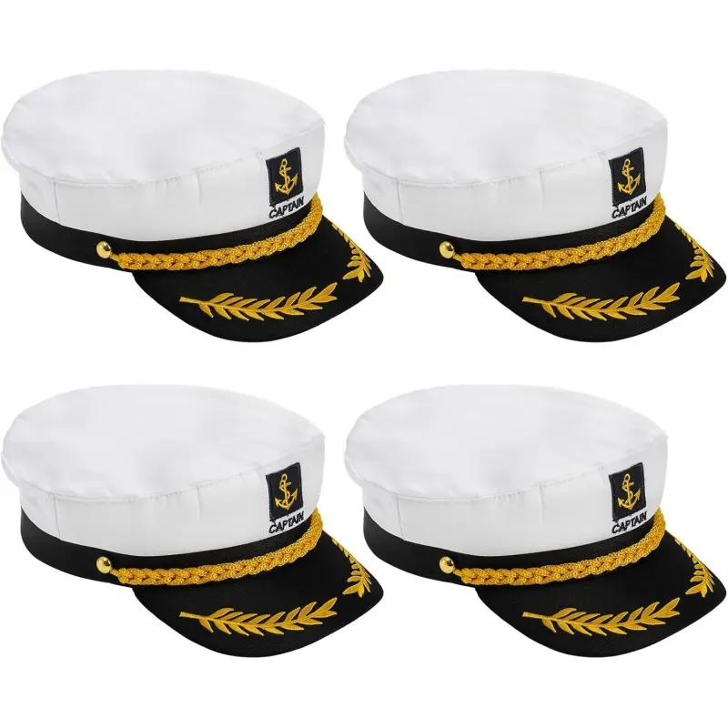 4-Pack White Yacht Captain Costume Hats, Adjustable Sailor Hats, Navy Blue, One Size for Adults, Birthday Party Hats, Party Costume Accessories, Size Inches