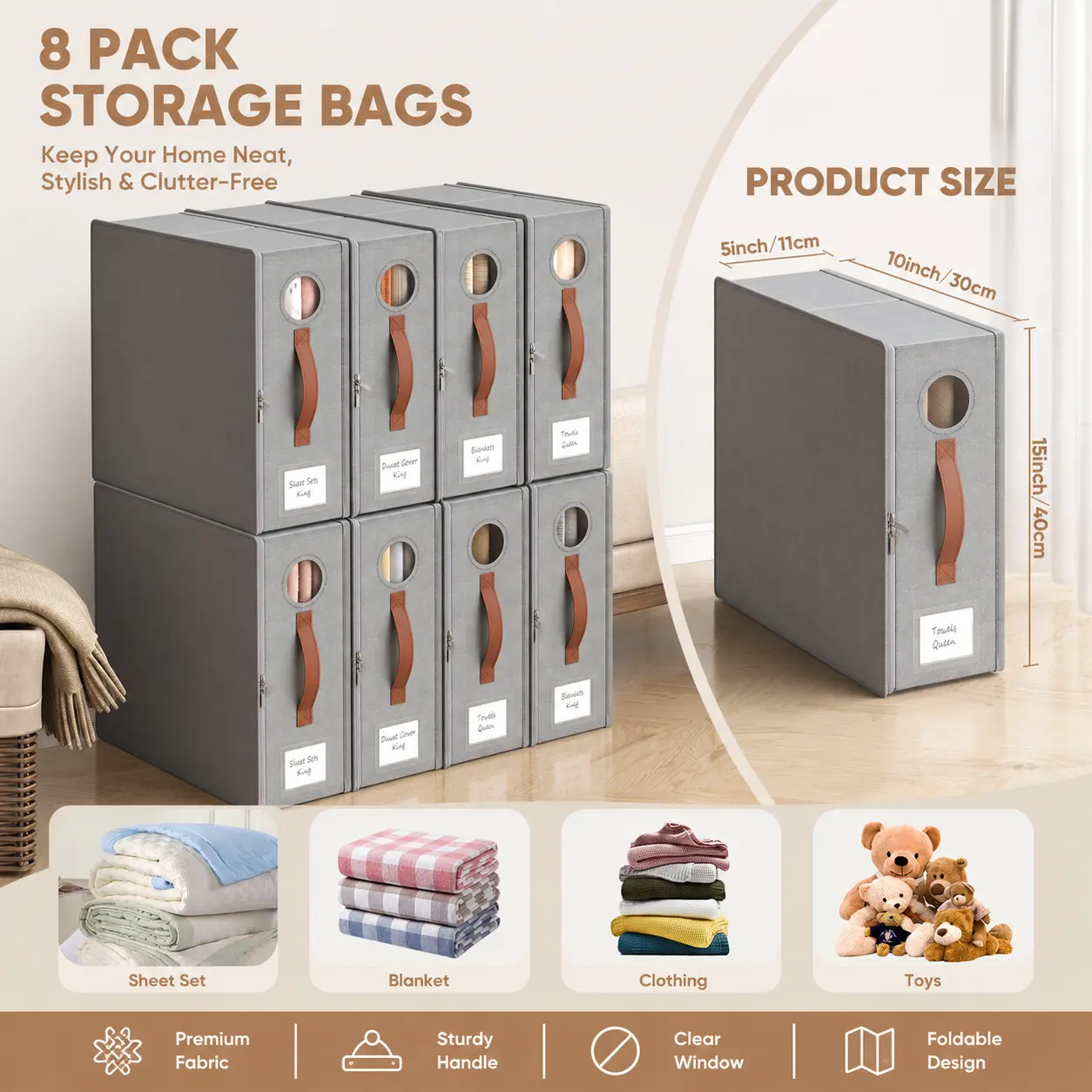 TRZZ Gift Box Bed Sheet Organizer 4 Pack, Foldable Linen Storage Bins with Zipper Closure, Clear Window & Reinforced Handles, Sheet Organizer for Queen & King Bedding, Housewarming & Home Organization Gift for Women, Moms, Sistersrs