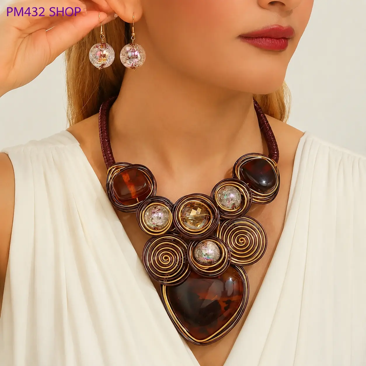 Women's Handmade Colorful Wire Crystal 2-Piece Jewelry Set - Unique Rope Necklace and Earring Set for Elegant Occasions