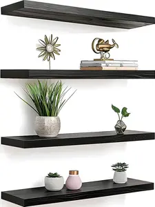Set of 4 Wood Floating Shelves for Wall Rustic Wall Shelf for Bedroom Living Room Black Finish Decorative Storage Shelves