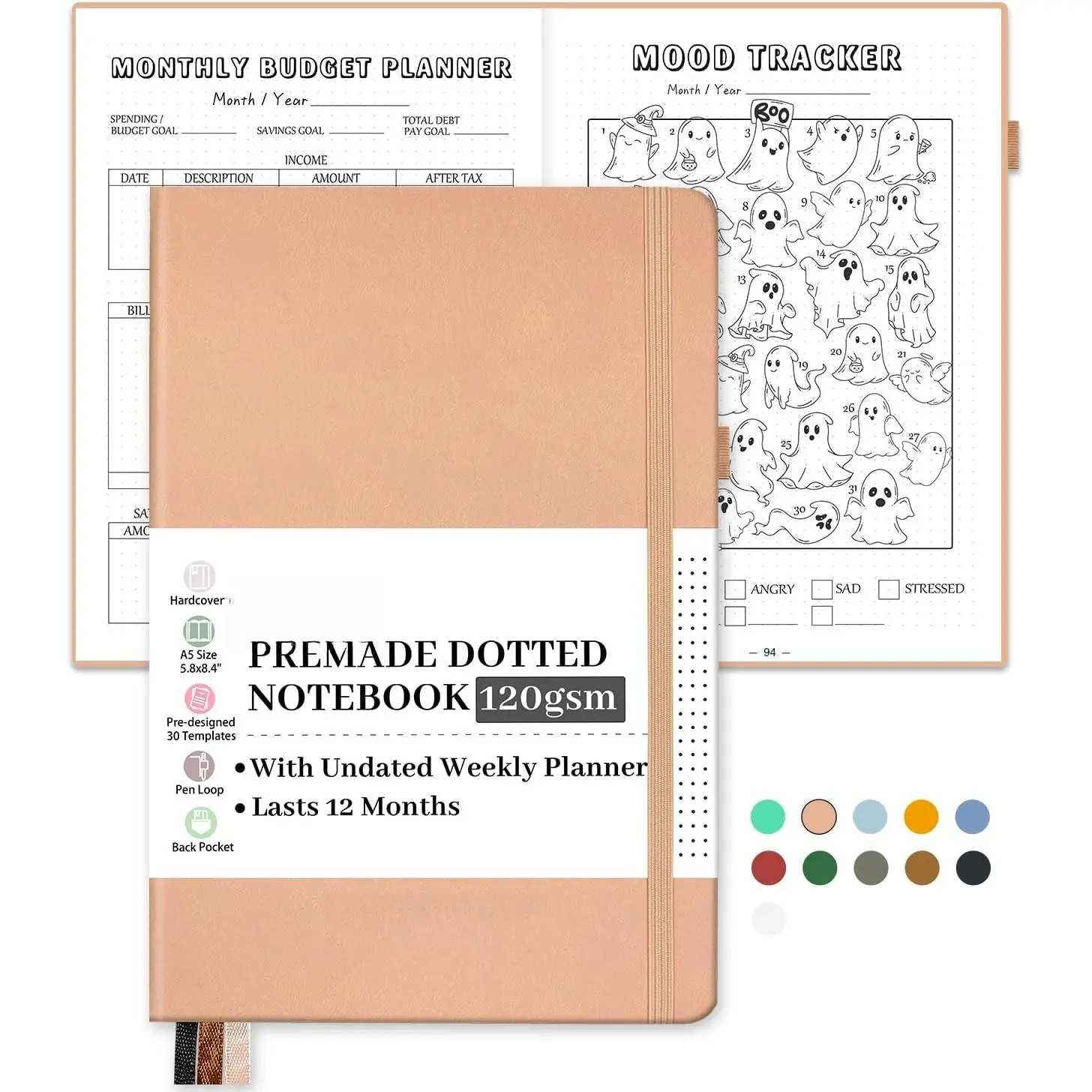 Premade  Dotted Journal Notebook, Pre-made Dot Grid Journaling with Undated Weekly & Monthly Planner, Various  - 12 Month Organization, A5 Hardcover Leather Planner Notebook with
