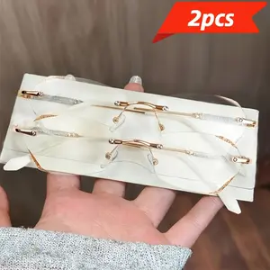 2-Pack Diamond Sparkle Rimless Reading Glasses for Women | Blue Light Blocking Count Lenses | Lightweight Metal Frame Design | Face-Flexing Nose Pads | Stylish wear for Computer & Reading