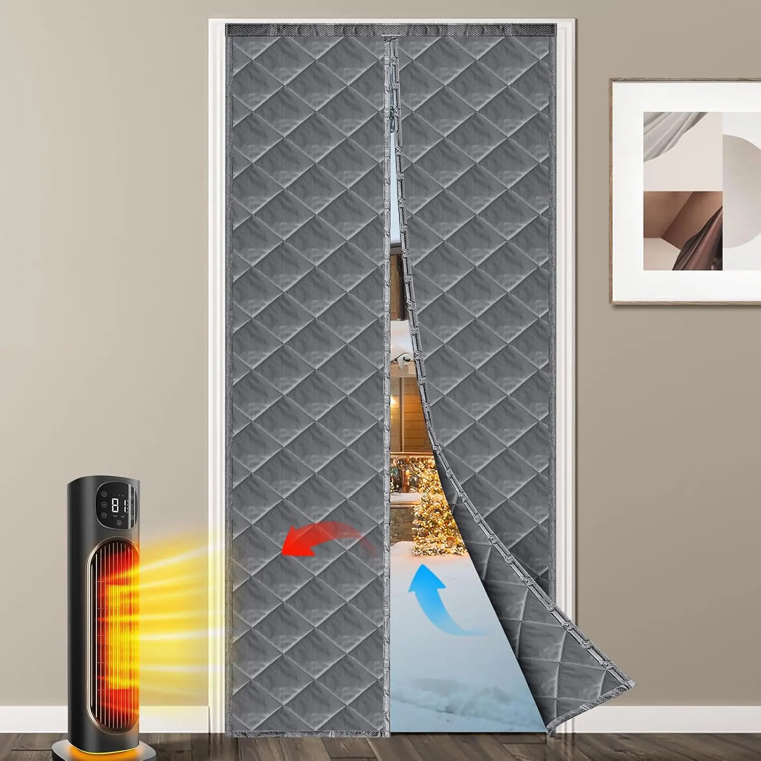 Thermal Insulated Door Curtain, Temporary Cover, Durable Upgraded Oxford Cloth & Thicken Cotton Fill, Soundproof and Windproof (Gray, Fits Size 38" x 82")