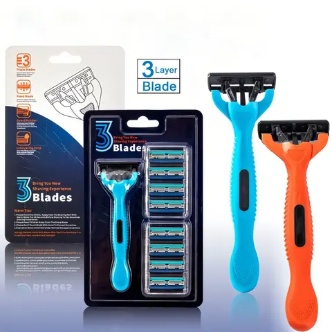 Men's Ergonomic Stainless Steel Pivoted Head Razor System Bundle - 1x Razor Handle, 9 Long Lasting 3-Blade Durable Razorblade Refills, Daily Shaving Tool for Facial Grooming & Beard Removal