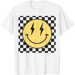 Retro Happy Face Shirt Checkered Pattern Smile Face Trendy T-Shirt Womenswear Fitted Short Sleeve Crew Neck Casual Summer Medium Length