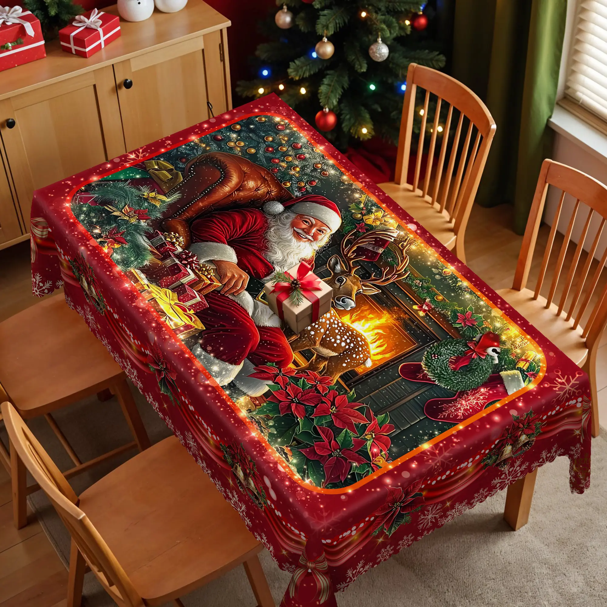 XEXSIN Patterned Polyester Christmas Decor Tablecloth - Red, Choose Round or Rectangle, Santa Claus/Reindeer/Poinsettia Prints, Self-Adhesive Backs for Quick Setup, Farmhouse Indoor-Outdoor Holiday Party Home Kitchen Accessory, Valentines Day Decor