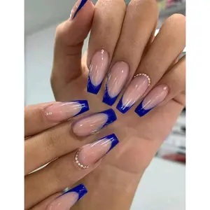 Blue French Tips Press On Nails With Rhinestones