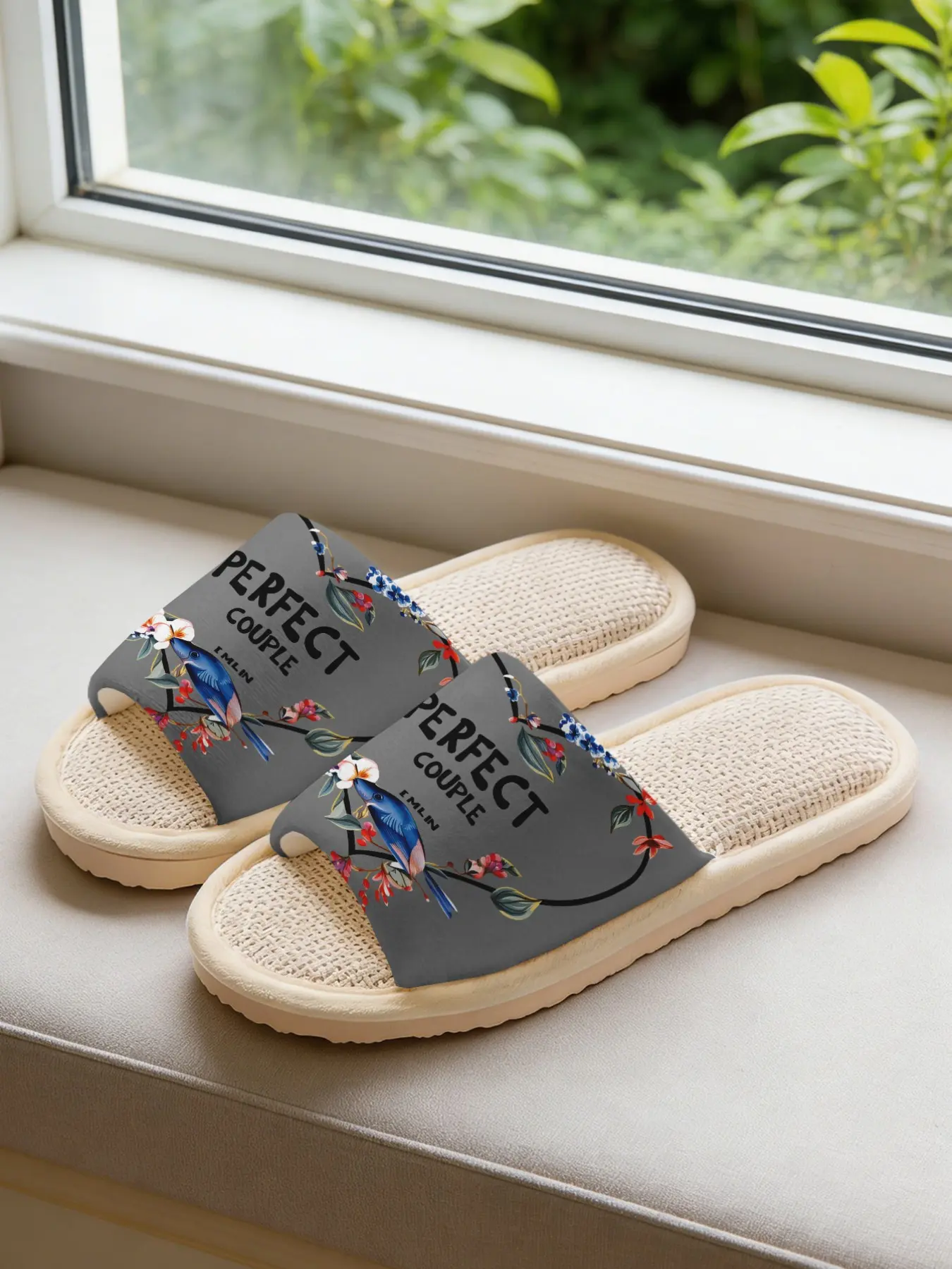 Women's Floral Bird Linen Slippers, Sole Print, Breathable Anti-Slip Silent, Perfect Couple, All-Season Home Shoes