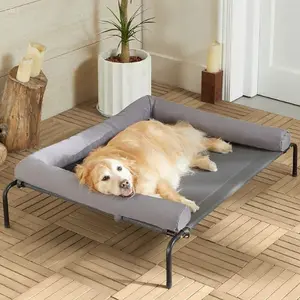 8.5 inches tall cooling elevated “Beat the Heat” dog bed for large dogs — waterproof raised dog cot with sloped headrest, breathable Teslin mesh, durable and portable pet bed for indoor and outdoor use, gray