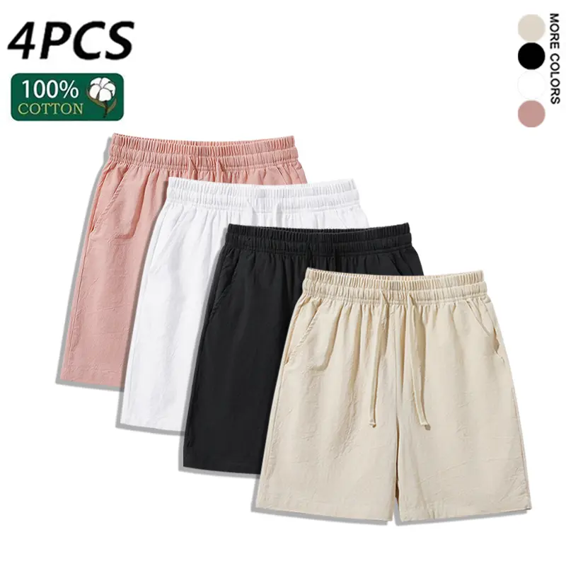 4 pcs 100% cotton linen shorts for men and women, summer casual elastic waist drawstring breathable beach shorts, summervibes