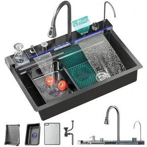 31.5x18 inch Stainless Steel Waterfall Kitchen Sink with Pull Out/Down Faucet Drop in Single Bowl Sink with Drain Assembly Accessories Flying Rain Mixer Faucet Modern