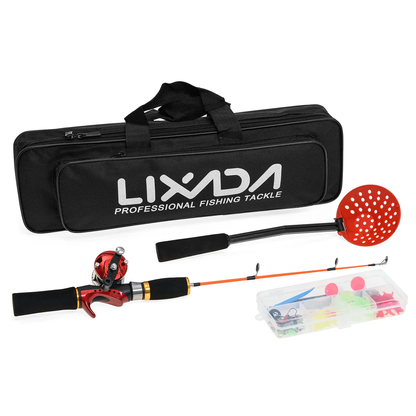 Telescopic Ice Fishing Rod and Reel Combo Complete Kit with Ice Skimmer Scoop, Carry Bag, Lures, Hooks, Swivels, and Fishing Accessories, Telescopic Fishing Rod