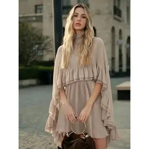 Women's 2-Piece Elegant Casual Lady Clothes Ocean-Style Chiffon Set, including Semi-Sheer Chiffon Cape and Matching Slip Dress