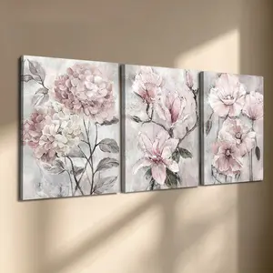 3 Pcs/Set Wooden-Framed Canvas Painting, Soft Pink Hydrangea & Magnolia Triptych Canvas Wall Art, Watercolor Botanical Print for Living Room, Bedroom, Office Decoration, Modern Home Decor, Fashion Artistic Ornaments, Artwork