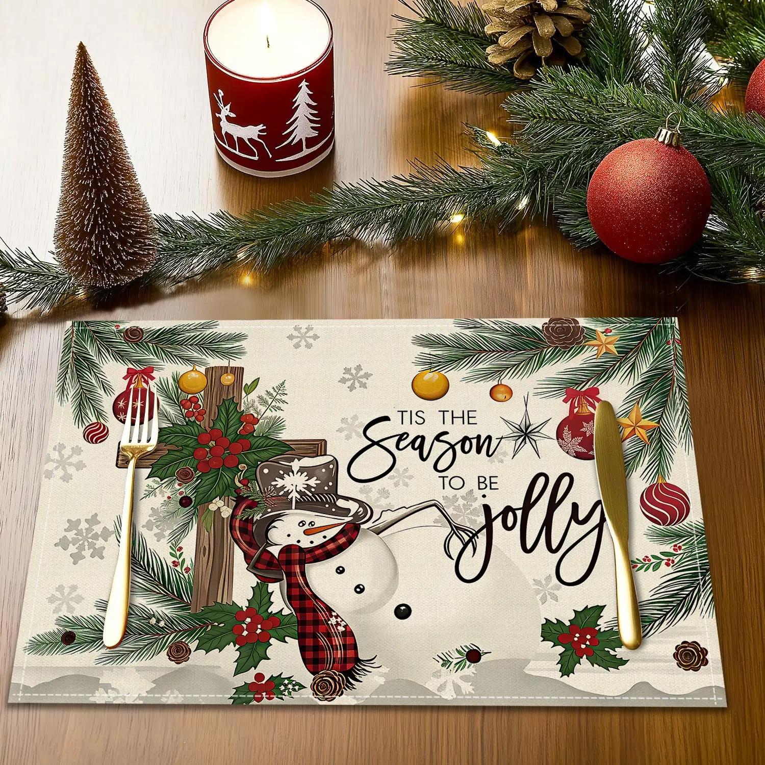 4/6pcs Christmas decorative placemats, Cedar Forest snowflake printed dining table anti slip insulation mats, red berry snowman Christmas ball design winter dining table mats, Christmas plant pattern plate mats, coasters, party restaurant table decoration