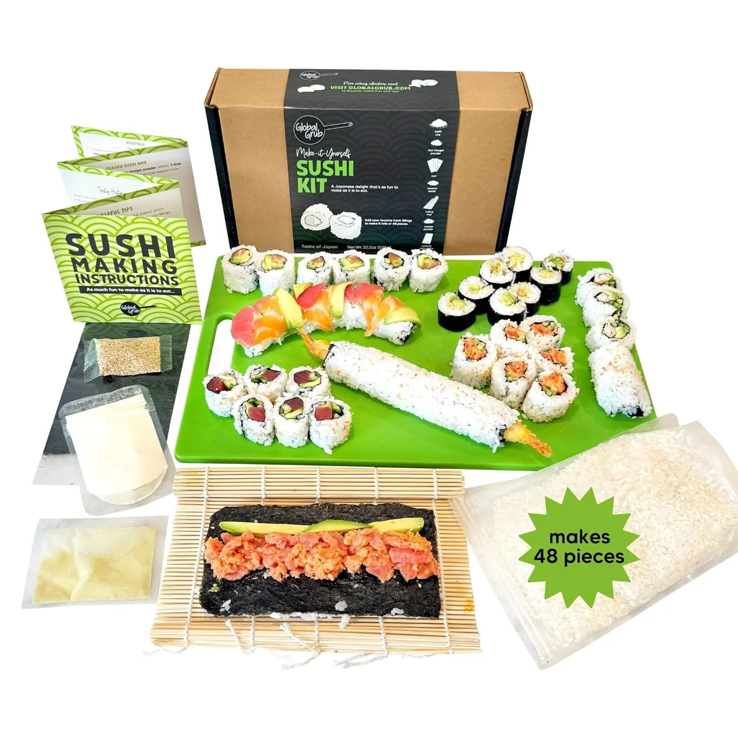 DIY Sushi Making Kit - Sushi Kit With Ingredients - Sushi Rice, Nori Sushi Seaweed, Sushi Rice Seasoning, Sesame Seeds, Wasabi  -  Rolling Mat, Instructions, Makes 48 count