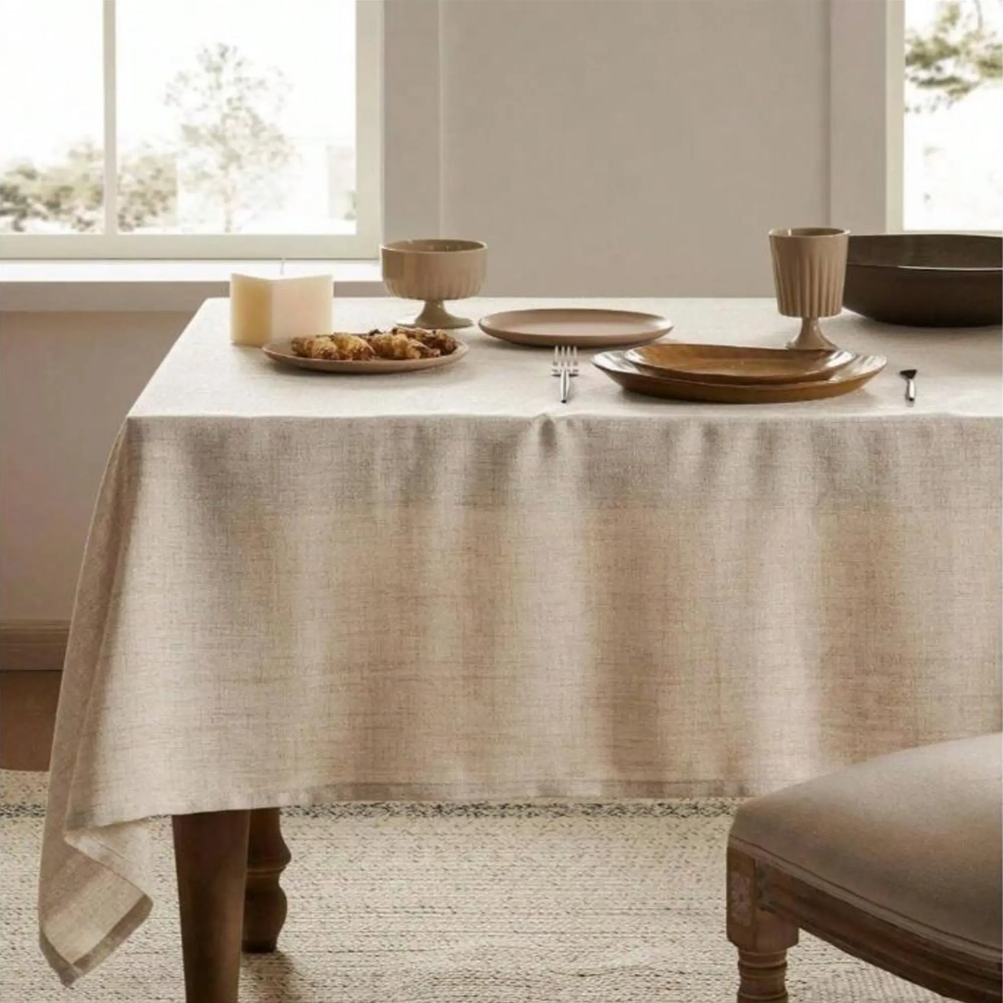 Japanese Style Square & Rectangular Linen Tablecloth, Rustic Country Neutral Design, Perfect for Dining Tables & Kitchen Decor, Patio Dining Table, Picnic Table Cover, Rectangle Tablecloth