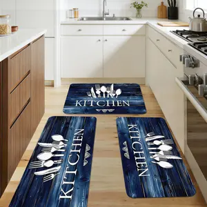 VintageBlueWoodGrainKitchenSetMat - FlannelMaterial - KitchenFloorMat - LaundryRoomSinkMat - HomeOffice - EntrywayBathroom -  - HomeDecoration - SpringandSummerFestivalDecoration - Flannel floor mats - 1/2/3pcs kitchen laundry room hallway