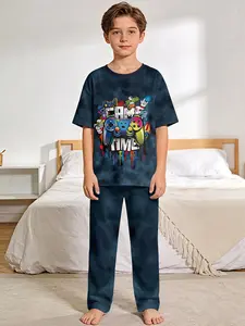 Tie-dye blue game controller graffiti 2-piece set: boys' digital printed short-sleeve, Snug fit pajamas with extended sleep pants, made of flame-retardant fabric, a casual, comfortable and soft pajama set, suitable for sleeping and home leisure