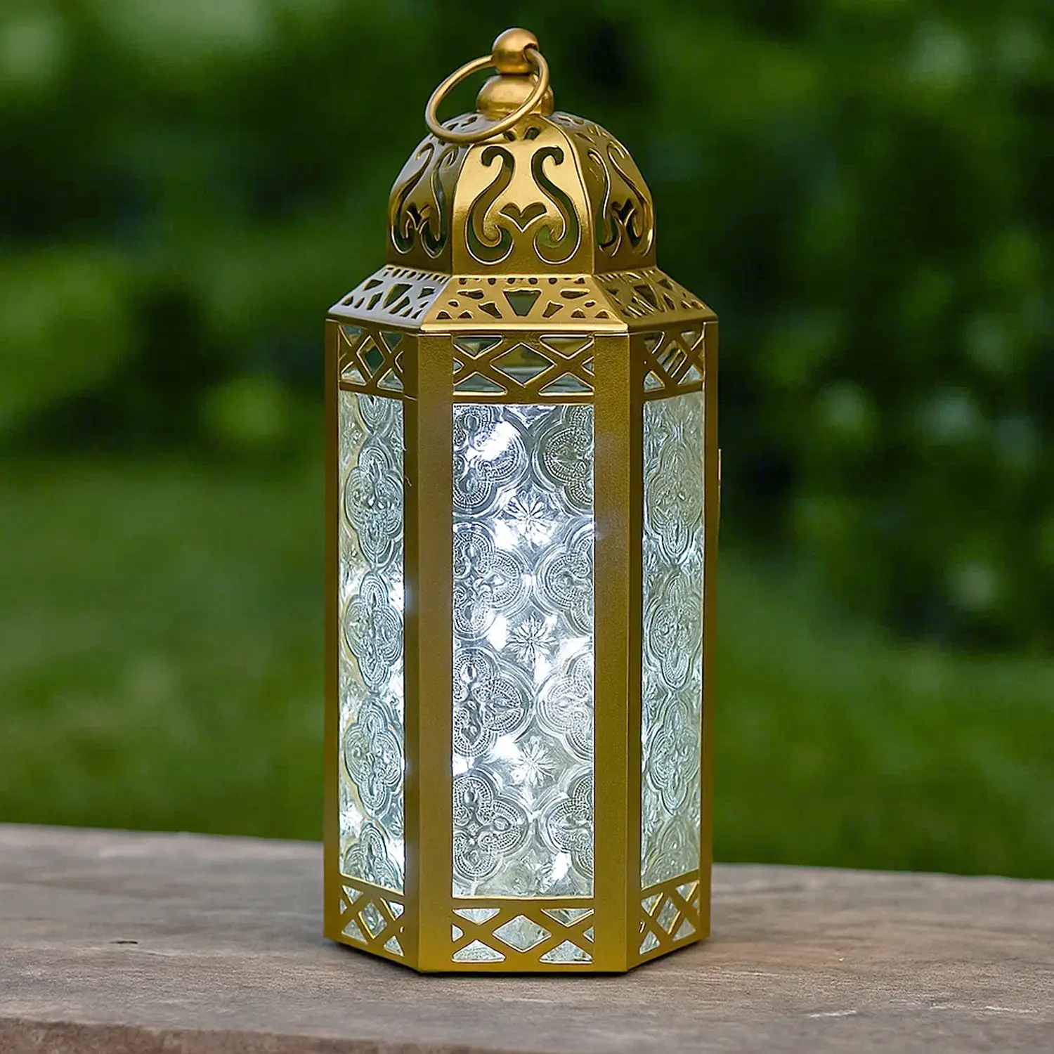 White LED Fairy Lights Golden Candle Lantern - Decorative Moroccan Holder Lamp for Table or Hanging, Ramadan Decorations, Outdoor Patio or Porch, Weddings, Medium, 10.5” Tall