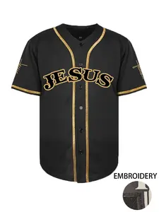 Men's JESUS Embroidery Baseball Shirt, Casual Short Sleeve V-Neck Embroidered Design, Loose Fit Baseball Jersey, Breathable Sports Top Sportswear for All Seasons