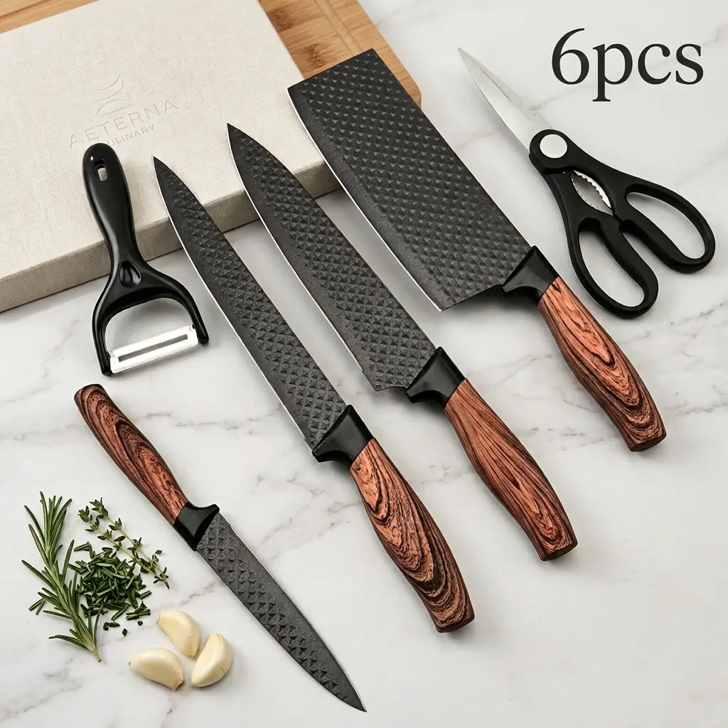 Professional 1/6" Kitchen Knife Set, Gift Box Included, with Stainless Steel Super Sharp Blades, Non-Stick Ergonomic Wooden Handles, Perfect for Home and Travel, Featuring Chef's Knife, Slicer, Scraper, and Scissors