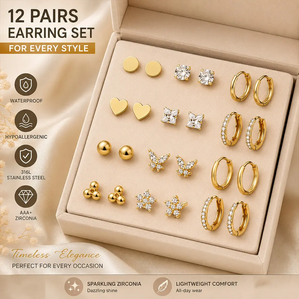 24Pcs (12-Pairs) Luxurious 14K Gold Plated Earrings Set Hypoallergenic 316L Stainless Steel Flat Back Earrings Inlaid Shiny Cubic Zirconia Heart/Star/Butterfly/Flower Flatback Stud Hoop Cartilage Stackable Ear Stud Daily Vacations, Party Wear, Jewelry