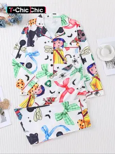 2 pieces of women's Halloween blue hair girl bow, black cat, mouse, bat, spider print, long sleeved pants, pajamas set, top pocket suitable for all seasons, comfortable, Fitted, energetic, elegant and casual home wear