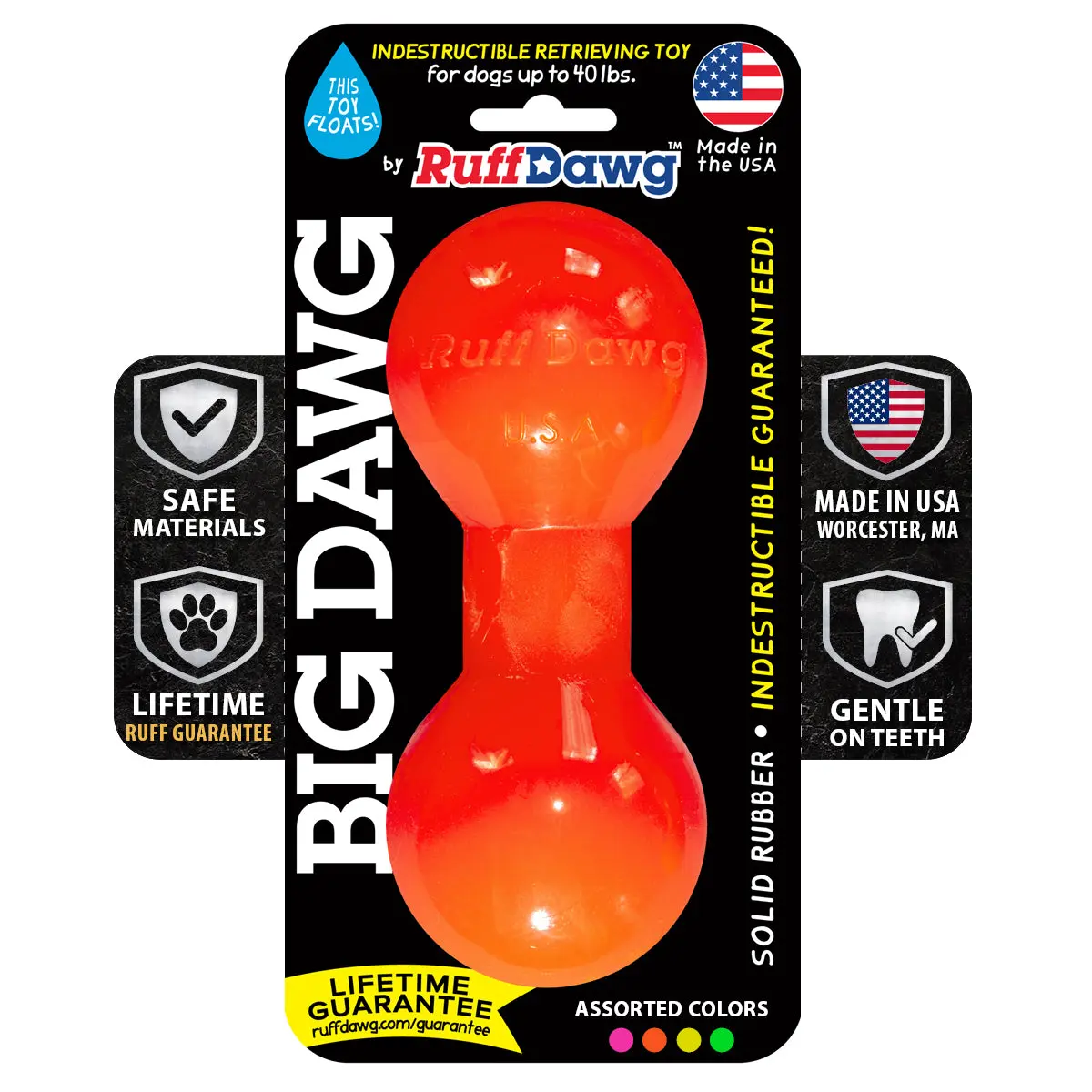 Ruff Dawg Big Dawg  - Durable Chew Toy for Dogs - Solid Rubber Barbell-Shaped Bone - Neon Colors - Made in USA - Dishwasher Safe - BPA & Latex Free