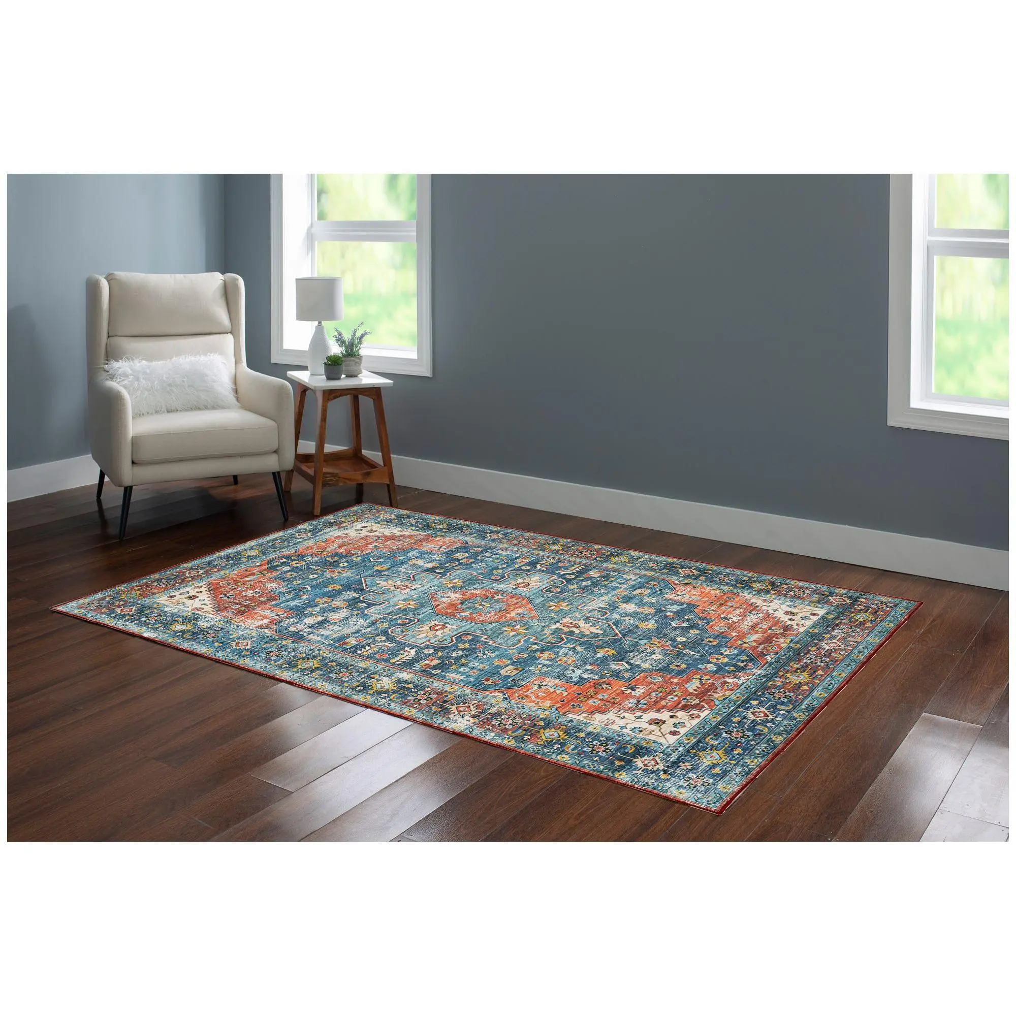 Linon Home Decor Washable Isla Teal/Rust 5x7 Area Rug