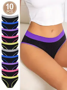 Women’s No Show Breathable Panties - Ice Silk Feel Fabric No VPL, Non-Slip Colorful Waistbands for Leggings & Active Wear, 10 Pack