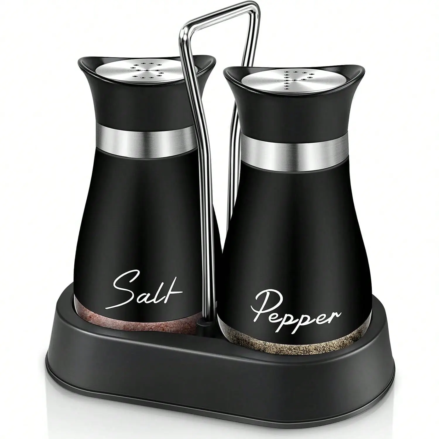 4oz Farmhouse Sturdy Stainless Steel-Tempered Glass Salt and Pepper Shakers Set with Electroplated Handle & Holder, Kitchen Accessories Seasoning Dispenser for Table, RV, Modern
