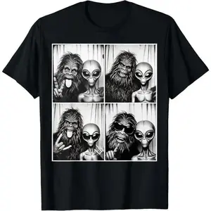100% Cotton Funny Photobooth Photo Sasquatch UFO Bigfoot And Alien T-Shirt.