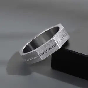 Multi-faceted seven virtues ring men's trendy personality index finger pinky ring men's single ring brushed letter open ring suitable for parties