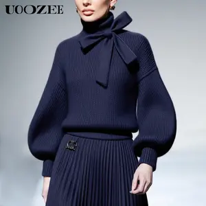 UOOZEE Women's Thick High Neck Minimalist Knit Top - Autumn Winter Long Sleeves, Chic Bow Accent, Basic Knitwear for Casual Commuting Pullovers