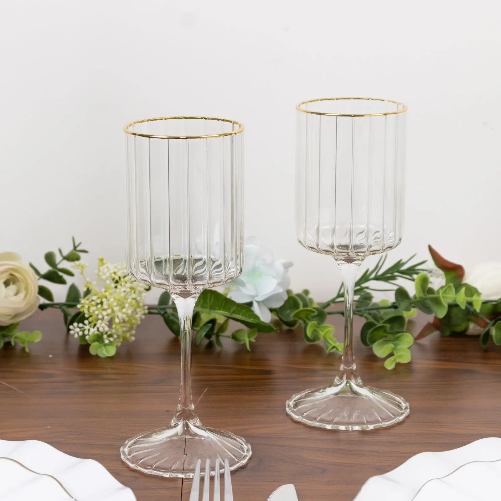 6-Pack Vintage Wine Goblet Glasses – 10oz Ribbed Clear Glass with Gold Rim, Classic Table Drinkware for Cocktails or Beverages – 8" Tall