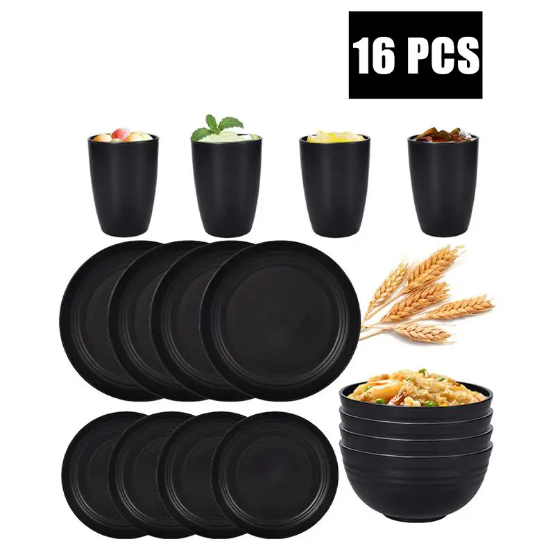 Wheat Straw Dinnerware Set 16-Piece Reusable Durable Shatterproof Black Plastic Plates Bowls Cups Cutlery Microwave Dishwasher Safe for Picnics Parties Camping Family Meals Tableware Matte Stoneware Regal White Ceramic Dinnerware Set lightweight tiktoksho
