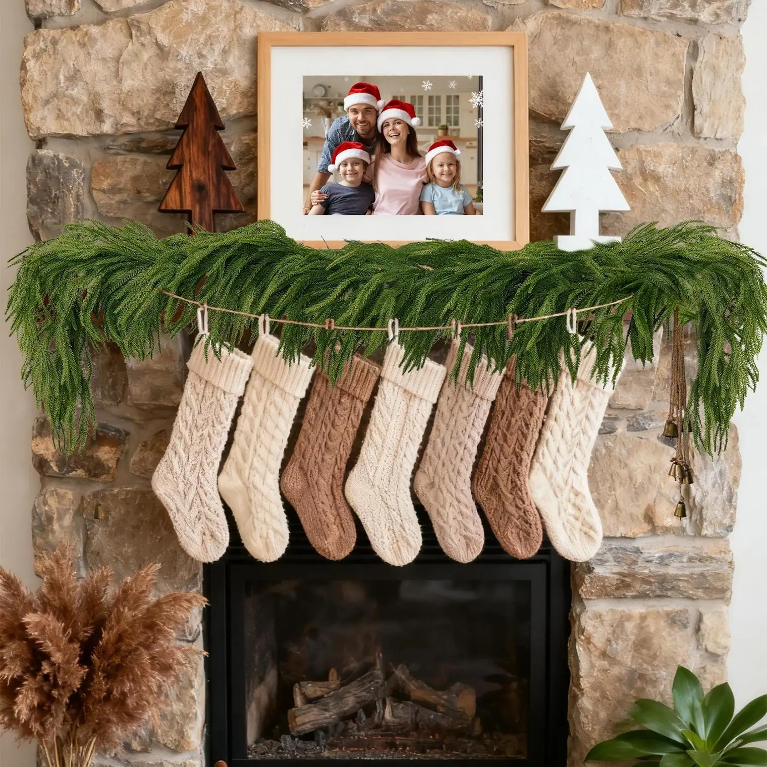 Pre-Lit Artificial Pine Garland, 6ft Christmas Garland with 30 LED Bulbs & Remote Timer, 12 Lighting Modes for Fireplace Staircase Mantle Window