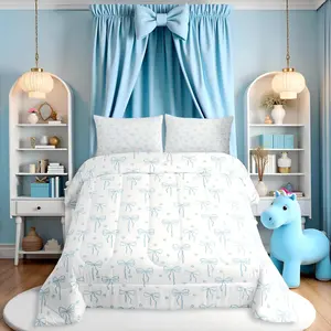Blue Bow Comforter Set,Bow Print Bedding Set,for Kids Girls Boys Room Decor,Flower Floral Duvet Insert Princess Quilted Duvet