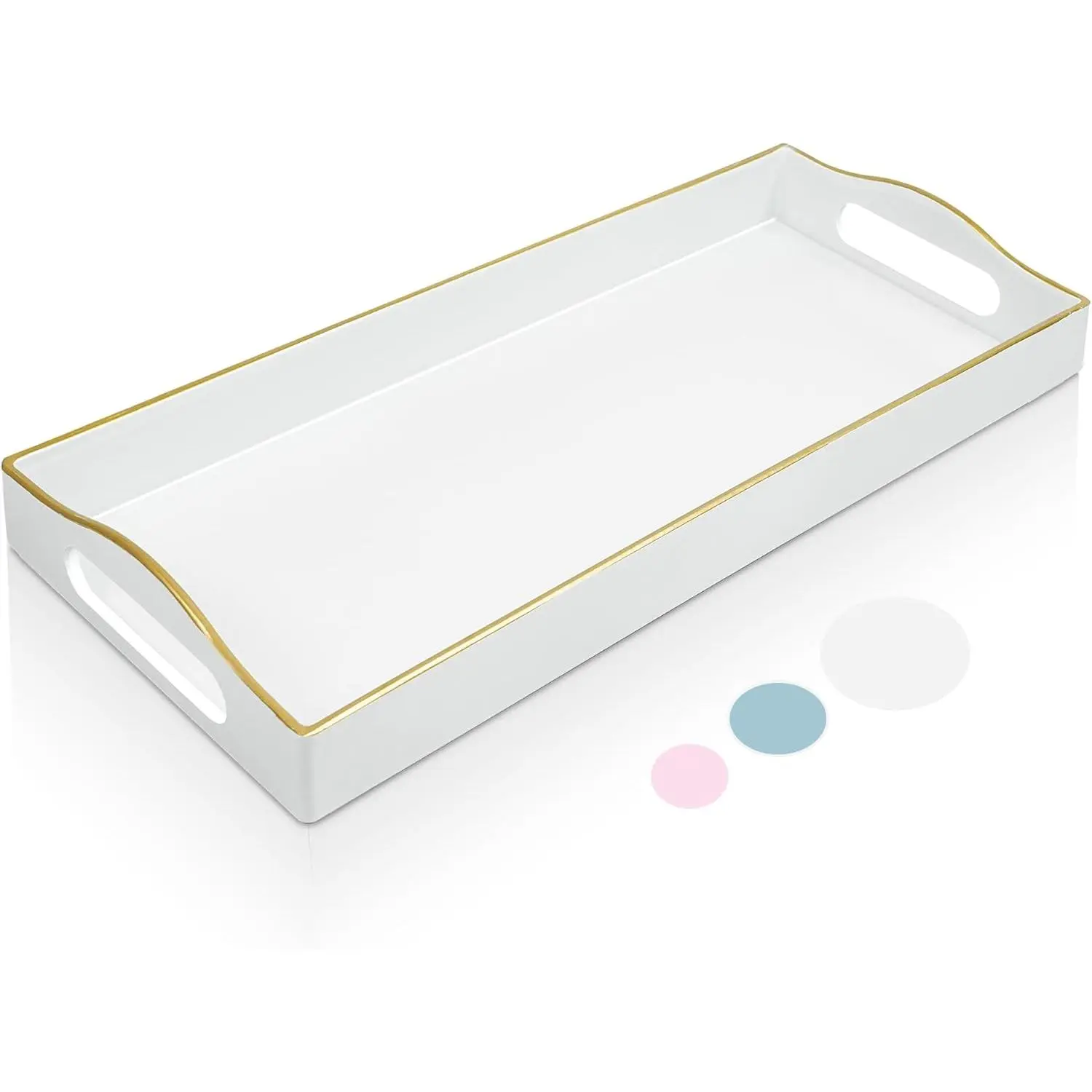 White Bathroom Vanity Tray, Edged Decorative Tray with Handles, Small Rectangular Counter Tray for Perfume, Candle, ,